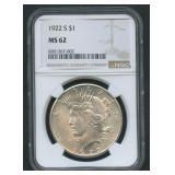 1922-S Peace Silver Dollar NGC MS 62