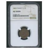 1865 Fancy 5 Indian Head Cent NGC AU58 BN