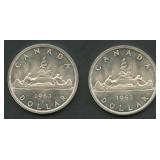 (1.50 ozt TW) 2- 1963 Canada Dollars .800 Silver