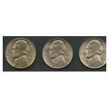 3- Mixed 35% Silver Jefferson War Nickels AU/BU
