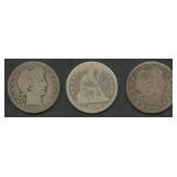 3- Mixed Seated Liberty and Barber Quarters