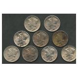 9- Mixed Mercury Head Dimes AU/BU