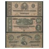3- Mixed Confederate Currency $1, $10, and $50