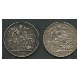 (1.81 ozt TW) 2- Brtiain Victoria Crowns .925 Silv