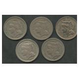 5- Mixed Three-Cent Nickels