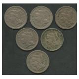 6- Mixed Three-Cent Nickels