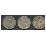 3- Mixed 1917-Dated Walking Liberty Half Dollars
