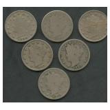 6- 1880's Liberty Head V Nickels