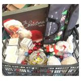 Plastic Crate Full of Ornaments & Xmas Decor