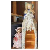 Doll Knick Knack Shelf 27" & Porcelain Doll 13"