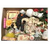 Assorted Knick Knacks, Dolls, Frame, Candleholder