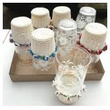 Vtg Glass Tumblers White Flowers & Crochet Holders