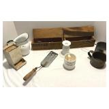 Wood Kraft Cheese Boxes, Strainers, Enamel Pitcher