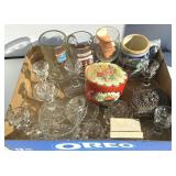 Glassware Box Lot Candleholders, Steins, Tin Can