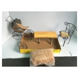 Doll Buggy, Wood Bench, Metal Chair, Hay Bale