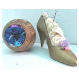 Brass Shoe Pin Cushion, Carved Coconut, Floss