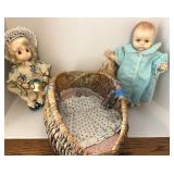 Precious Moments & Effanbee Dolls in Wicker Basket