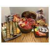 Assorted Craft Supplies Feather in Tin, Yarn Cones