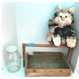 Wood Caddy, Glass Jar, Handcrafted Cat Decor