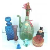 Colored Glassware Lot Decanter, Bottle, Vase, Etc