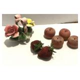 Capodimonte Italy Flower Basket & Wood Fruit