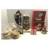 Christmas Figurines, Ornaments, Clock Box Lot