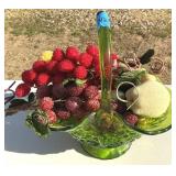 Fenton Green Glass Basket Diamond w/Beaded Fruit