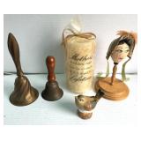 Brass Hand Bells, Candle, Bird, Doll Box Lot