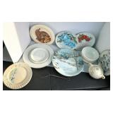 Box Lot of Assorted Dishes and Wall Hangings