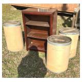 Wood Bookcase & Sealed Drums