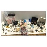 Box of Misc. Jewelry Brooches/Pins Earrings, Rings