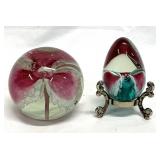 Art Glass Paperweights Egg & Pink/White Flower