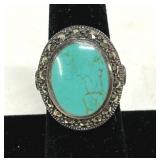 Marcasite & Blue Stone Ring Marked 925 Size 6.5