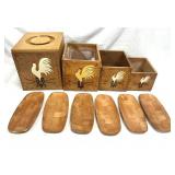 Vtg Wood Canister Set Rooster & MCM Woven Trays