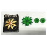 Vtg Enameled Daisy Pin & Earrings Costume Jewelry