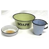Enamelware Soaps Bowl, Measuring Cup, Sm Dish