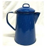 Blue Speckled Coffee Pot Enamelware 9 1/4' Tall