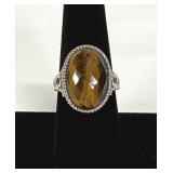 Gold Tone Oval Faceted Tigers Eye Ring Marked 925