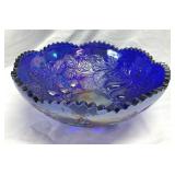 Blue Carnival Glass 10' Serving Bowl Fruit Medley