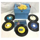 Assorted 45 rpm Records, Plastic Adapters, Case