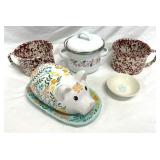 Pig Butter Dish, Enamelware Mugs & Small Pot, Etc.