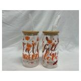 Fall 16 oz Drinking Glasses w/Lid & Straw