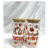 Fall 16 oz Drinking Glasses w/Lid & Straw
