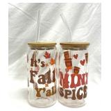 Fall 16 oz Drinking Glasses w/Lid & Straw
