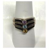Marked 925 Black Enamel Inlay w/3 Gemstones Ring