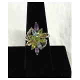 Marked 925 Multicolored Stones Flower Cluster Ring