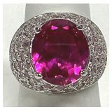 RF Pink Stone & CZ Pave Set Sterling Ring 925 Sz 7