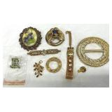 Gold Tone Fashion Jewelry Lot Brooches, Bracelets