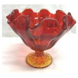 Amberina Glass Compote Ruffled Pedestal Vase 7'