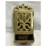 Vtg Brass Wall Mount Wooden Match Stick Holder